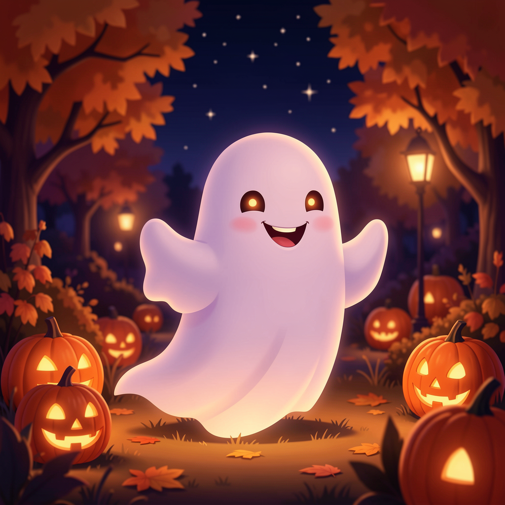 Hero illustration featuring a friendly ghost in a warm Halloween night scene